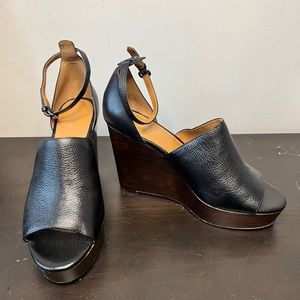 SOLD Coach Black Leather Platform Wood Wedge Sandals - Size 8.5 - Like New